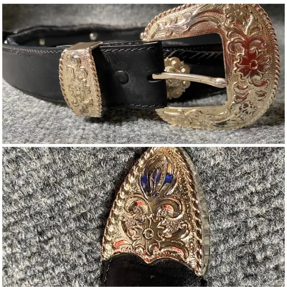 90’s Western Black Leather Concho Belt Intricate Floral Designed Buckle 4XL-5XL